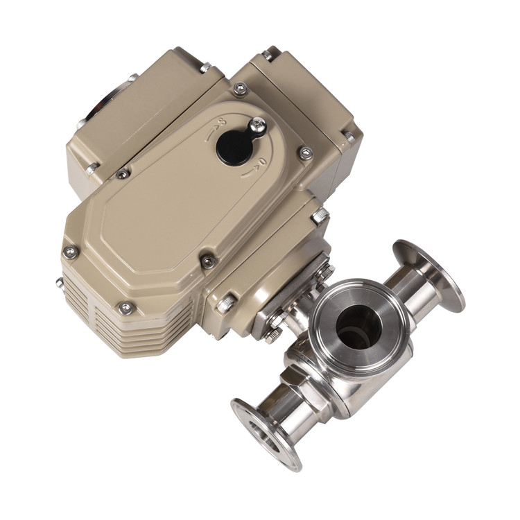 شیر سه راهی کلمپی استنلس استیل صنایع دارویی 316 با موتور برقی 220 ولت